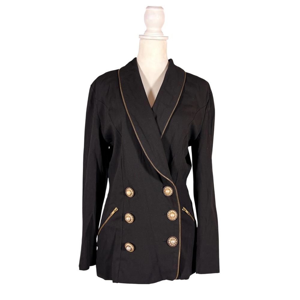 Vintage 80s 90s Black Zipper Tuxedo Blazer M Mob Wife Avant Garde Glam Rock